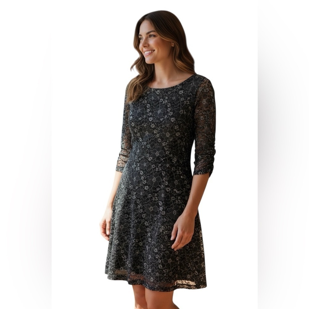 SL Fashions Metallic Lace Cocktail Dress Black Silver • Size 6 NWT